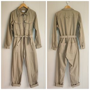 Weekday Aldan tie waist zip up boiler suit tan denim jumpsuit size 42 M.